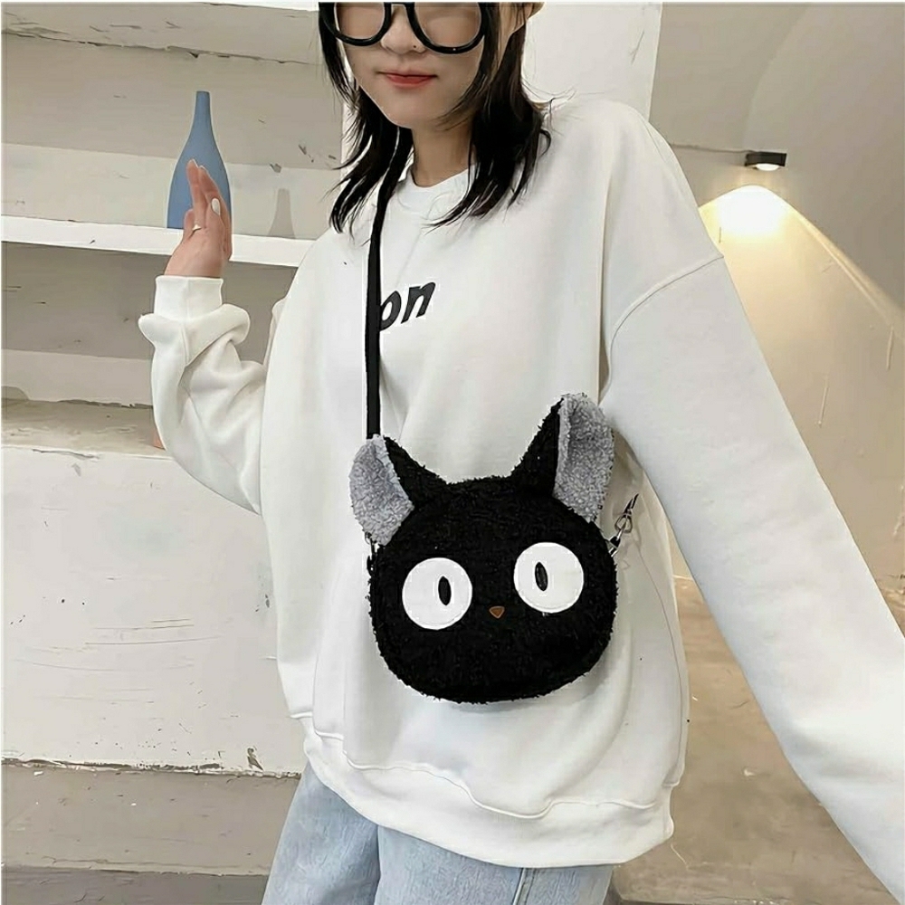 Cute Black Cat Crossbody Bag, kawaii plush anime crossbody bag, cat themed gifts